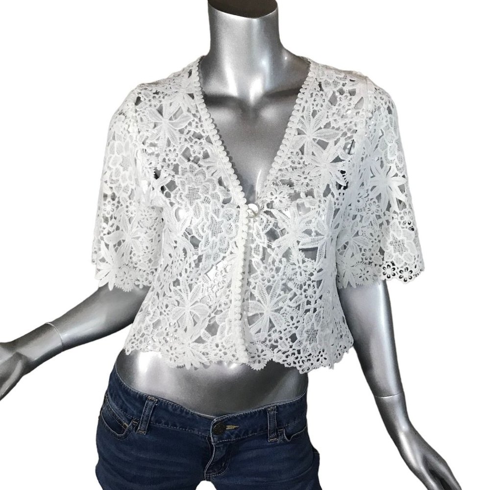 White Lace Crochet Short Cardigan Sweater